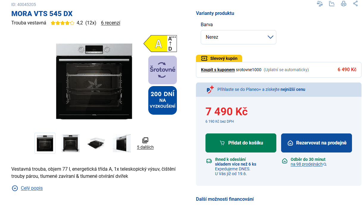 Vestavná trouba Mora, pizza, gril, A+, pára